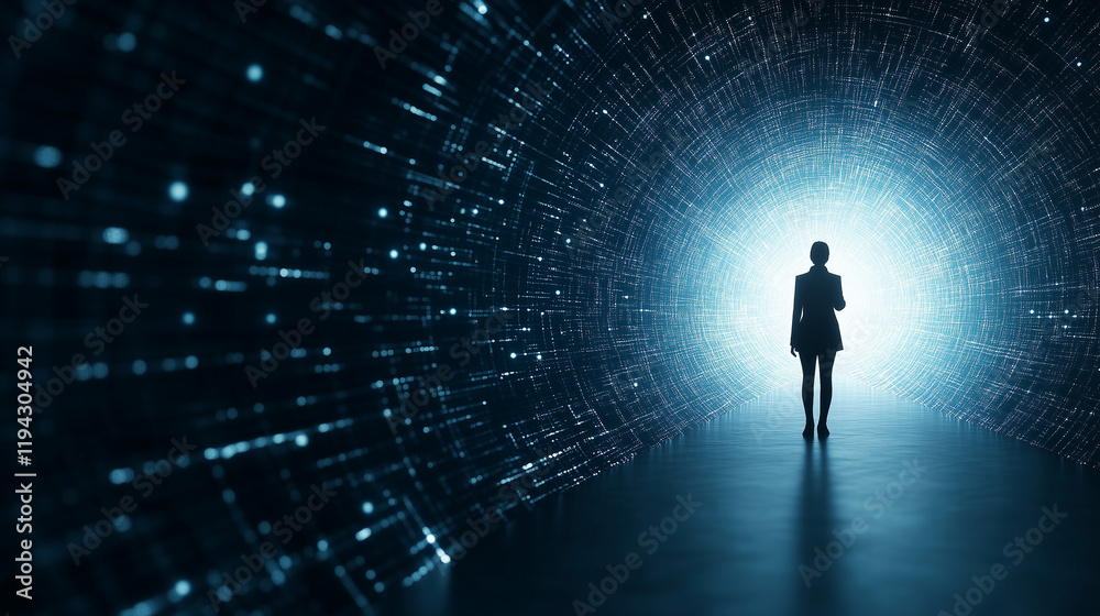 Into the Digital Unknown: A lone figure stands at the threshold of a luminous portal, bathed in a soft, ethereal glow. Into the Digital Unknown: A lone figure stands at the threshold of a luminous portal, bathed in a soft, ethereal glow.