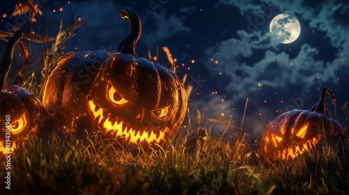 Spooky halloween pumpkins with jack-o-lantern faces on grass under a misty night sky with a full moon, eerie atmosphere for haunted celebrations and fall decorations.


 photo