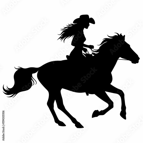 A woman is riding a horse. The horse is black. The woman is wearing a cowboy hat