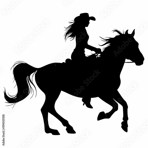 A woman is riding a horse. The horse is black. The woman is wearing a cowboy hat