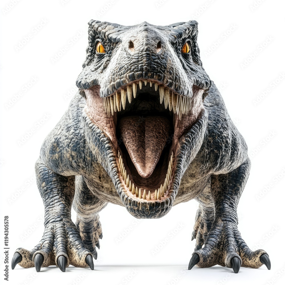 Fototapeta premium Roaring T-Rex dinosaur isolated on white background, prehistoric predator