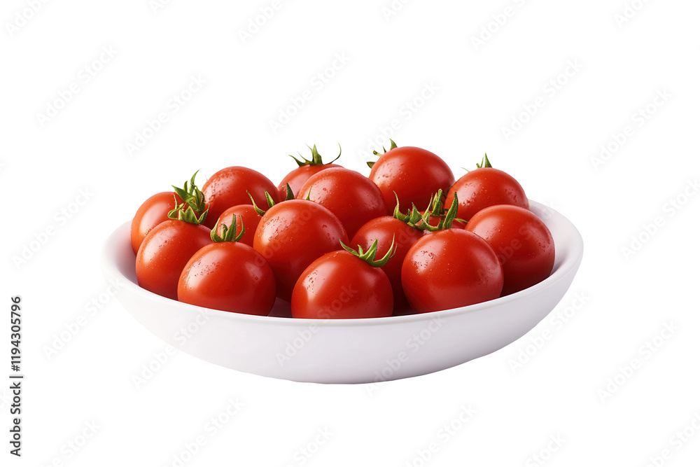 Fresh red tomatoes in bowl, white background, studio shot, food photography Fresh red tomatoes in bowl, white background, studio shot, food photography