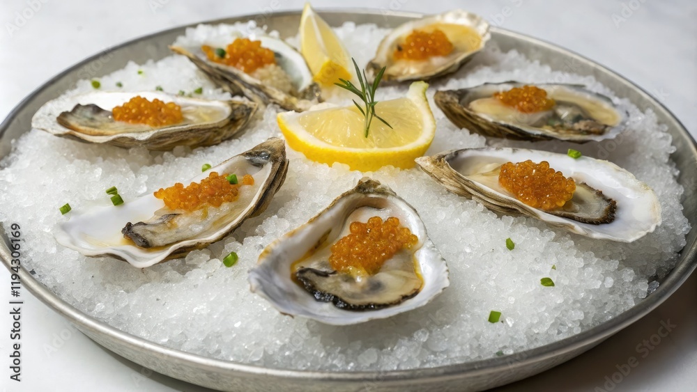 A platter of chilled oysters arranged artfully on a bed of snow-white crushed ice with a sprinkle of lemon-infused caviar, garnish, fine dining, lemons, crushed ice A platter of chilled oysters arranged artfully on a bed of snow-white crushed ice with a sprinkle of lemon-infused caviar, garnish, fine dining, lemons, crushed ice