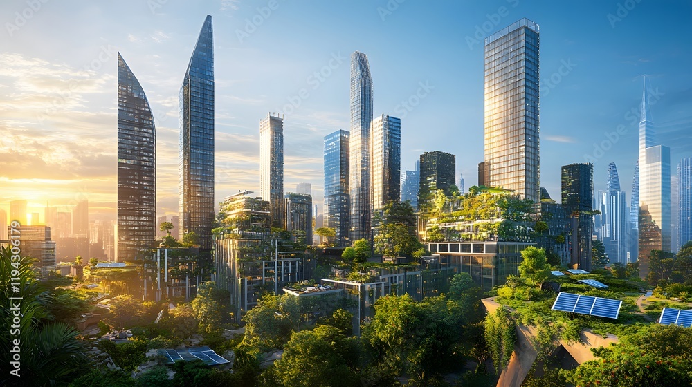 Obraz premium Modern Eco City Skyline At Sunset With Lush Greenery
