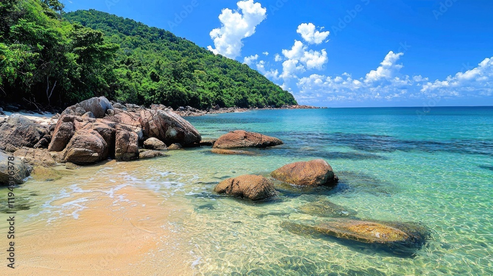 Tranquil Tropical Beach Paradise: Crystal Clear Waters and Lush Green Hills Tranquil Tropical Beach Paradise: Crystal Clear Waters and Lush Green Hills