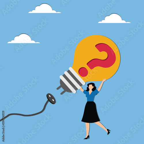 New ideas and thoughts to help solve problems and troubles, businesswoman holding the plug of a light bulb to connect the plug of a question mark