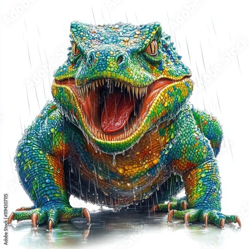 Colorful lizard, rain, jungle, predator, illustration, book cover photo