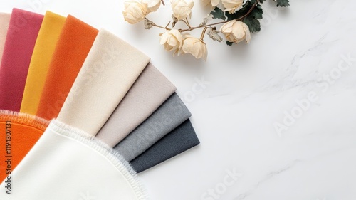 Fabric swatches in various colors arranged fan pattern with white flowers on marble background photo