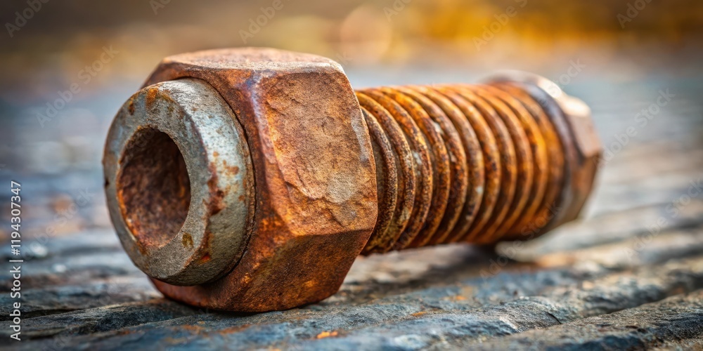 Close-up of a heavily rusted bolt and nut resting on a textured metallic surface, showcasing the effects of time and corrosion Close-up of a heavily rusted bolt and nut resting on a textured metallic surface, showcasing the effects of time and corrosion