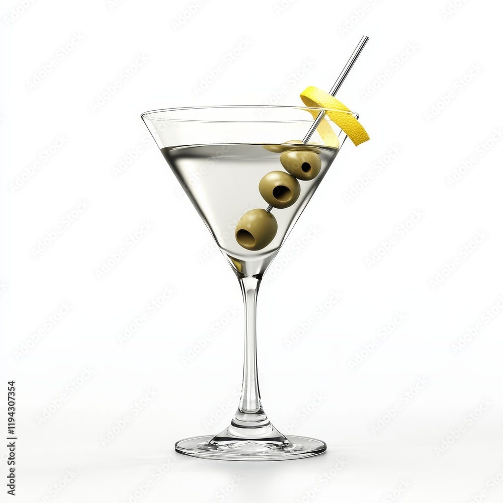 A classic martini with an olive on a toothpick, clear and crisp, isolated white background A classic martini with an olive on a toothpick, clear and crisp, isolated white background