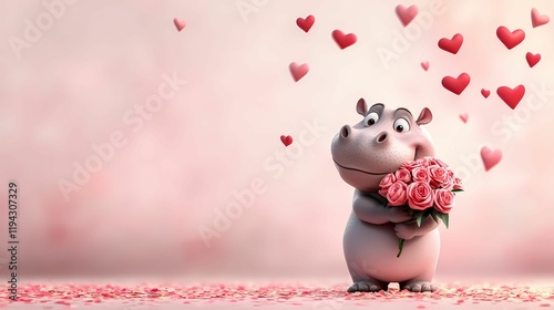 A cute cartoon hippo holds a bouquet of roses surrounded by floating hearts, evoking a playful, romantic atmosphere.