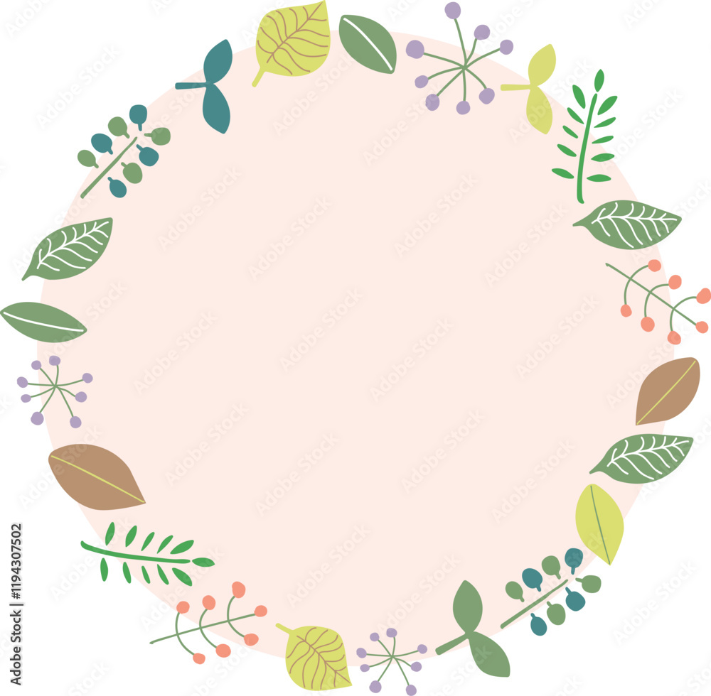 Naklejka premium 北欧風のお花のフレームD02 葉っぱ円形フレーム