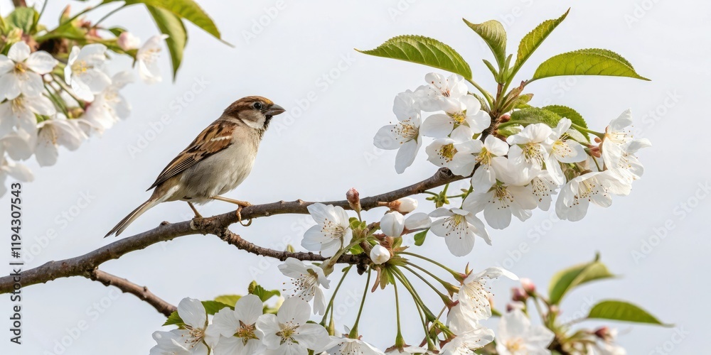 Fototapeta premium A small sparrow sits on the edge of a branch of a blooming sakura with delicate white petals and green leaves, avian observer, blossoming sakura, sakura blossom