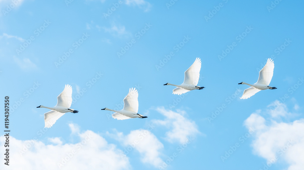 Swan Flight Formation: Four elegant white swans soar gracefully in a perfect V-formation against a vibrant blue sky dotted with fluffy white clouds. The image evokes a sense of freedom, peace. Swan Flight Formation: Four elegant white swans soar gracefully in a perfect V-formation against a vibrant blue sky dotted with fluffy white clouds. The image evokes a sense of freedom, peace.
