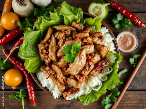 Northern Thai food spicy minced pork salad larb moo kua with sticky rice, grilled intestine, fresh vegetables on wooden background top view, minced pork, food photo