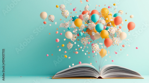 Whimsical book bursting with colorful balloons and confetti