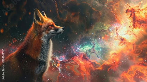 Red fox against cosmic background with space, stars, nebulae, vibrant colors, flames; digital art in fantasy style, featuring astronomy elements, celestial themes, interstellar ambiance photo