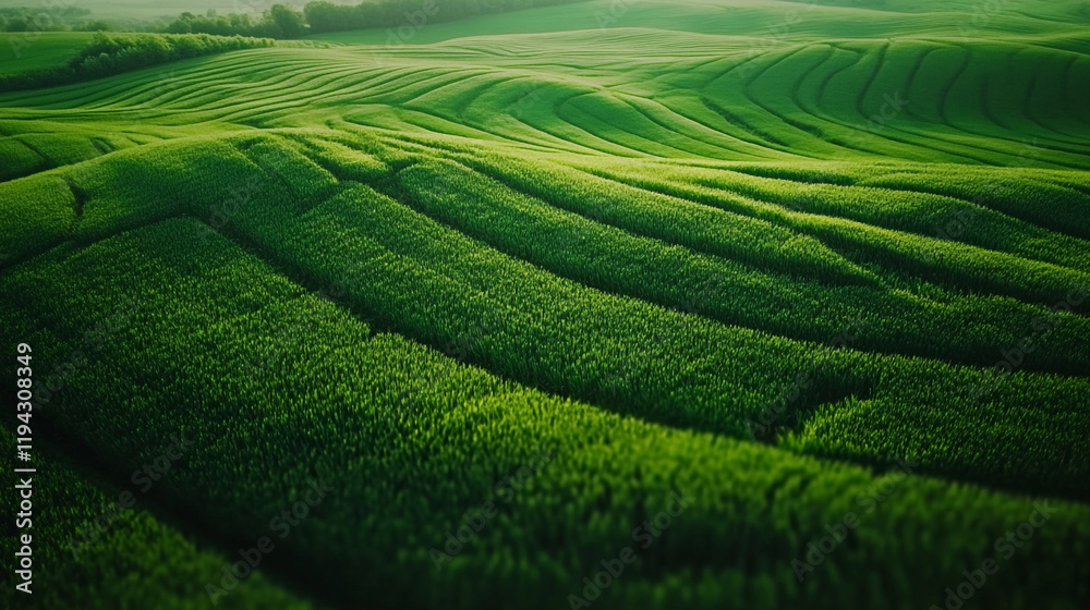 Fototapeta premium Lush green rolling hills of farmland showcase wave-like patterns at dusk