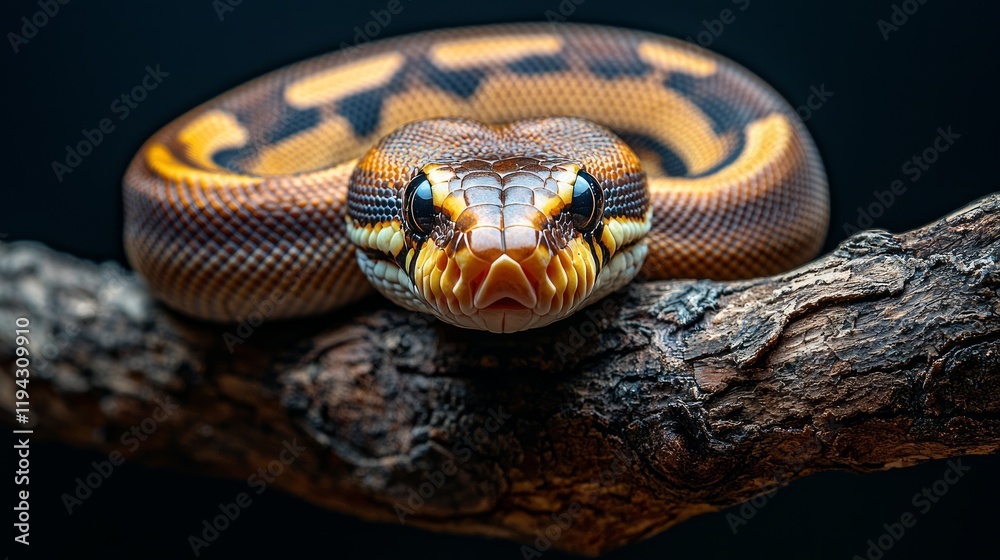 Fototapeta premium Ball python coiled on branch, dark background, reptile portrait, wildlife photography, zoological stock