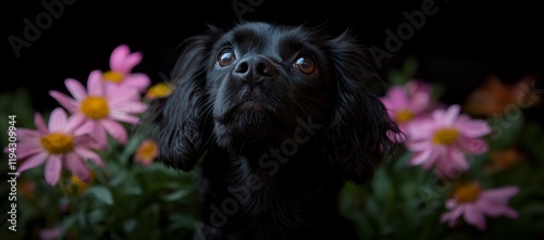 Wallpaper Mural Black dog looking up, pink flowers background, pet portrait Torontodigital.ca