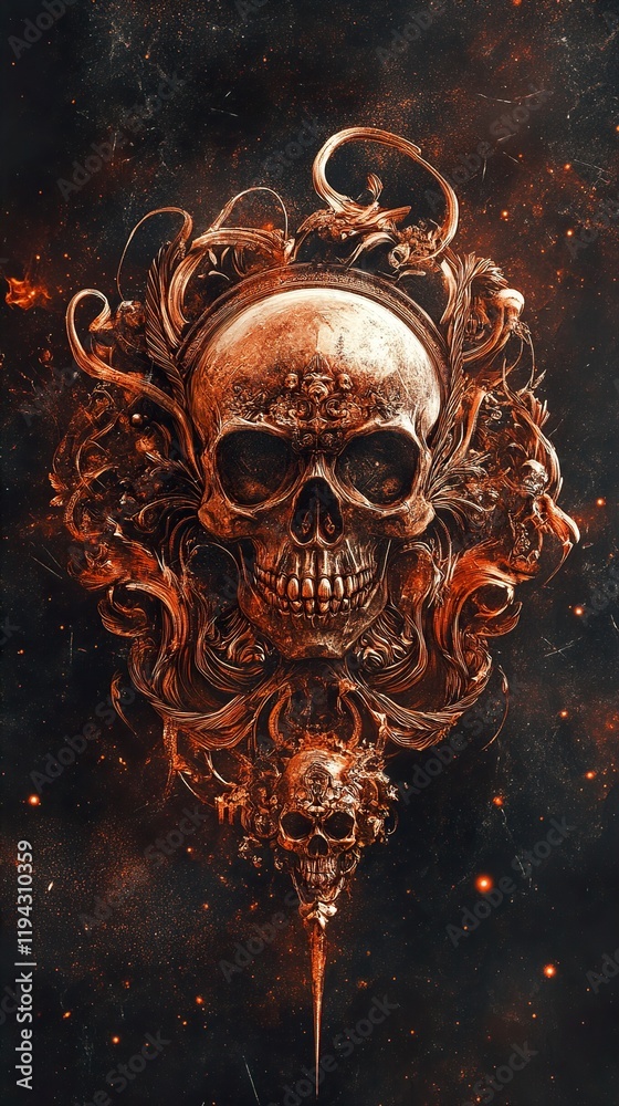 Fototapeta premium Fiery Skull in Ornate Frame: Dark Fantasy Art