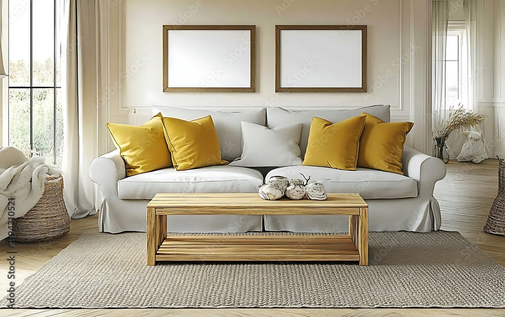 Fototapeta premium Cozy living room interior design with sofa, coffee table, and autumn decor