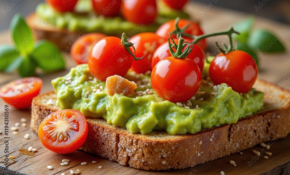 Fresh avocado toast with cherry tomatoes