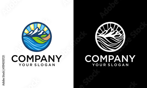 colorful mountain and waves logo icon vector