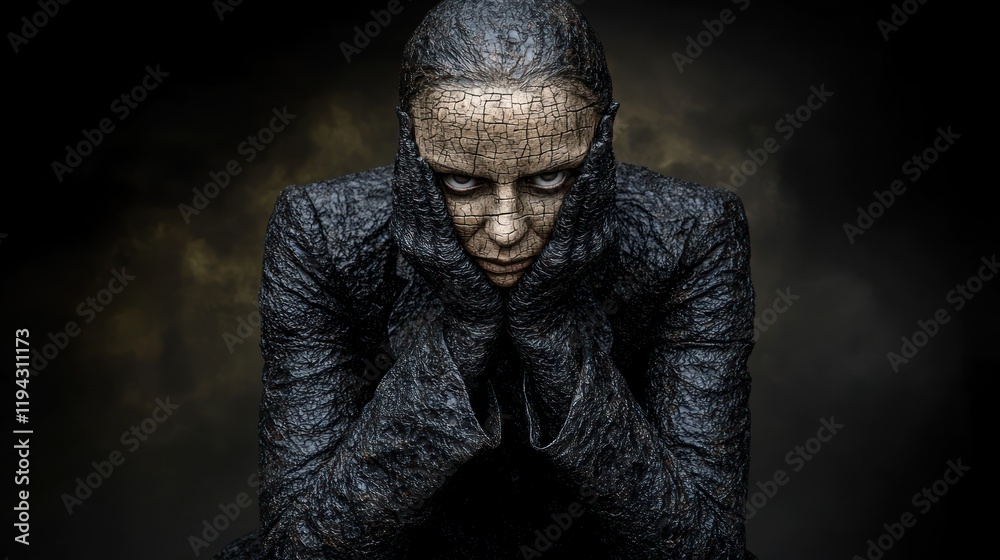 Contemplative Figure in Dark Textured Attire with Dramatic Lighting Contemplative Figure in Dark Textured Attire with Dramatic Lighting