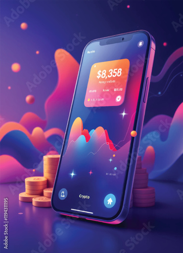 mobile phone showing a cryptocurrency values in a trading apps on a colorful abstract background