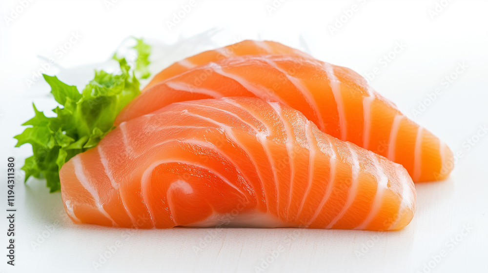 Fresh Salmon Sashimi: Slices of succulent salmon sashimi, artfully arranged on a white plate, are ready to be savored. The delicate pink flesh, accentuated by white fat lines. Fresh Salmon Sashimi: Slices of succulent salmon sashimi, artfully arranged on a white plate, are ready to be savored. The delicate pink flesh, accentuated by white fat lines.
