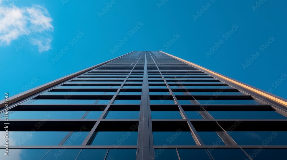 Tall modern skyscraper reaching into a clear blue sky, showcasing reflective glass panels Tall modern skyscraper reaching into a clear blue sky, showcasing reflective glass panels