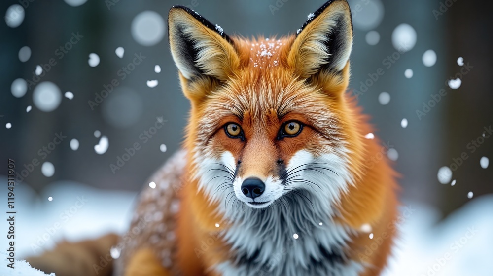 Fototapeta premium Red fox portrait winter scene snowflakes falling close