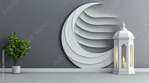 3D wallpaper concept for Ramadan and Eid alFitr featuring a lantern a wall and a crescent moon photo