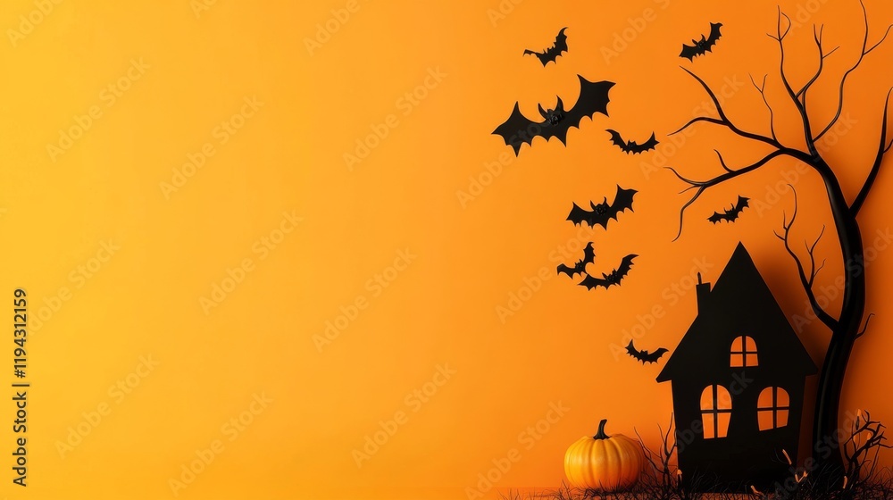 Cute halloween house with pumpkin, bats, and tree on orange background, minimalistic style with copy space for banner design and spooky seasonal decorations.
Cute halloween house with pumpkin, bats, and tree on orange background, minimalistic style with copy space for banner design and spooky seasonal decorations.