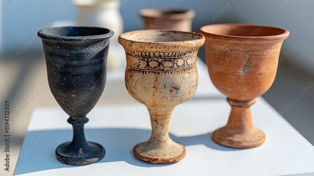 Three ancient pottery cups displayed on a white surface, showcasing unique designs and colors Three ancient pottery cups displayed on a white surface, showcasing unique designs and colors