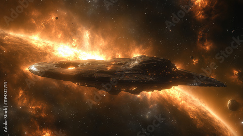 Cosmic Inferno: A futuristic spacecraft hurtles through a fiery nebula, enveloped in a blazing storm of cosmic energy, showcasing the power and intensity of interstellar travel. photo