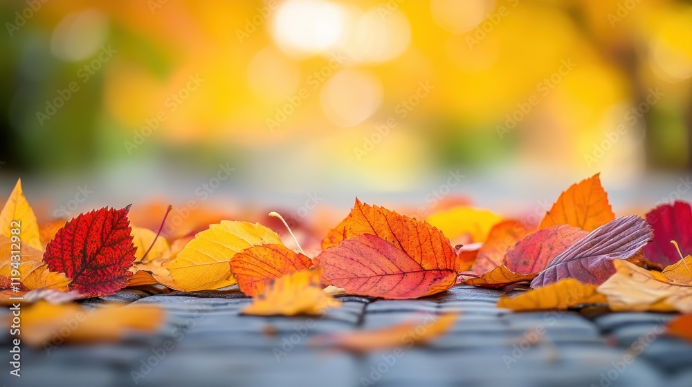 Colorful autumn leaves scattered on ground with bokeh background