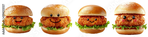 Cartoon-style fried chicken sandwich with a happy face, isolated on a white background. Mix Collection Png.