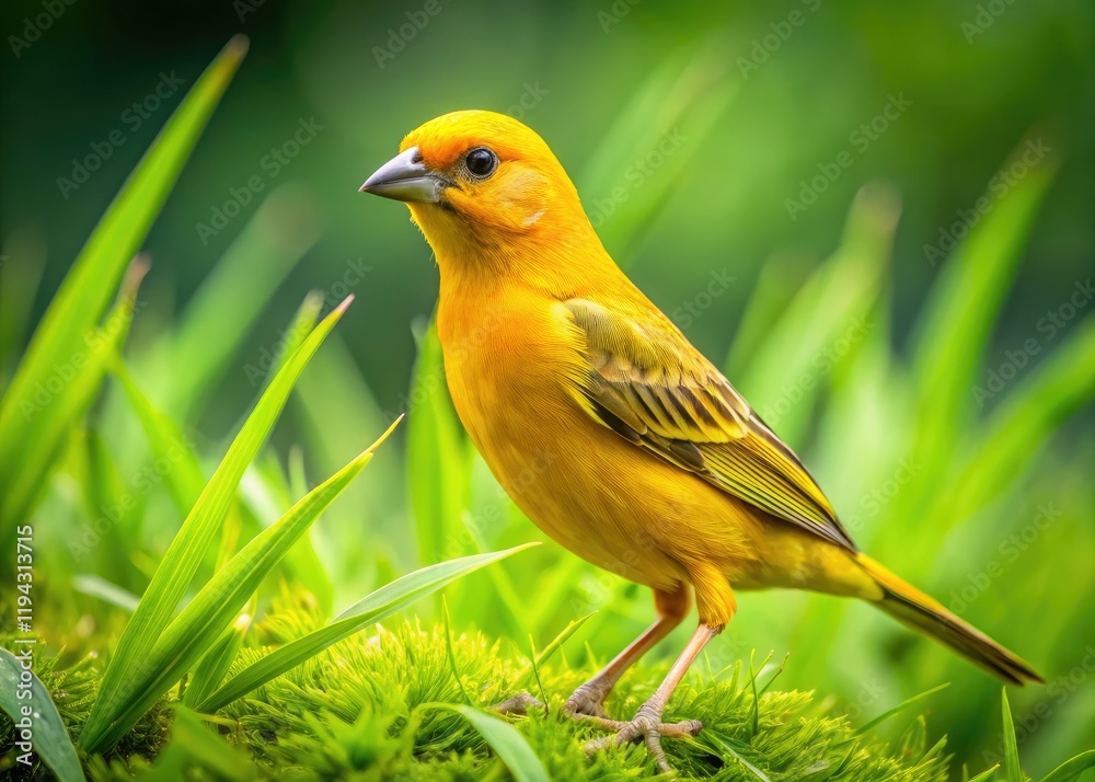 Fototapeta premium Vibrant Saffron Finch photographed in Rio's grasslands; a splash of yellow in Brazilian wildlife. Sicalis flaveola.