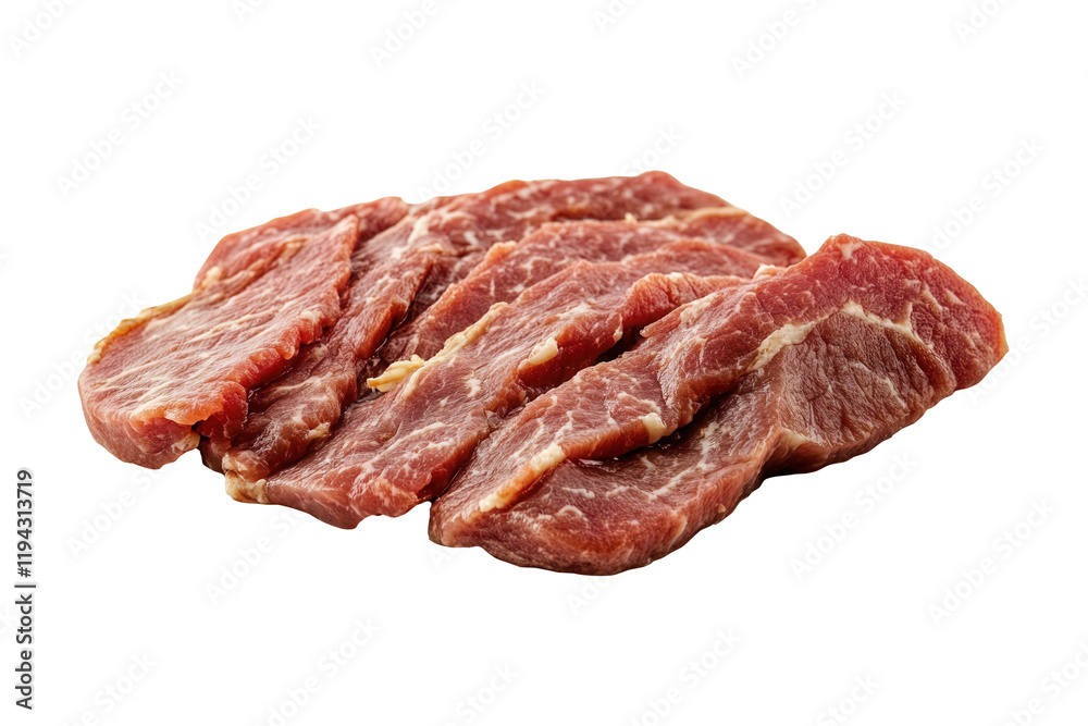 Sliced beef, studio shot, white background, food prep Sliced beef, studio shot, white background, food prep
