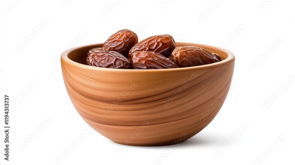 Elegant rose goldthemed Arabic clay bowl filled with dates for Ramadan presented on a white isolated background Elegant rose goldthemed Arabic clay bowl filled with dates for Ramadan presented on a white isolated background