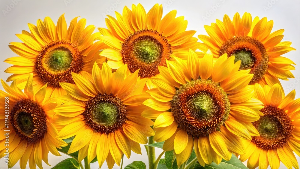Vibrant yellow sunflowers pop against a clean white background; modern food photography aesthetic. Vibrant yellow sunflowers pop against a clean white background; modern food photography aesthetic.