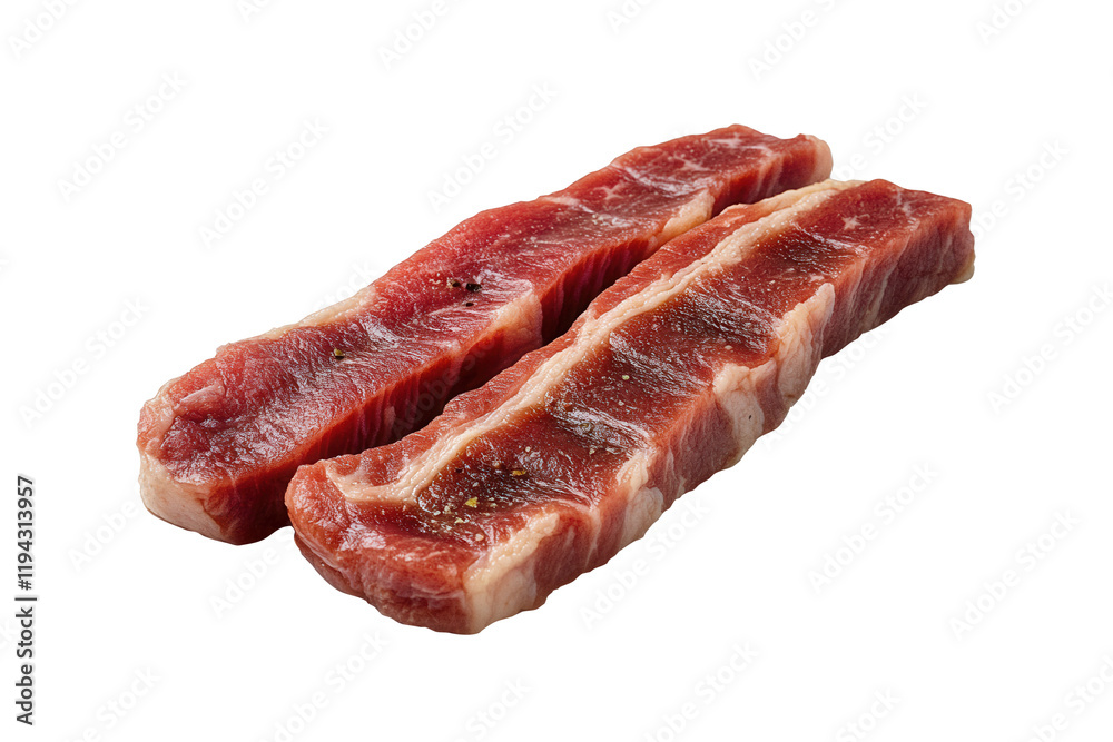 Seasoned beef strips, studio shot, white backdrop, food prep Seasoned beef strips, studio shot, white backdrop, food prep