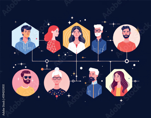Vector illustration of a conference call setup with diverse participants interacting in bubbles
