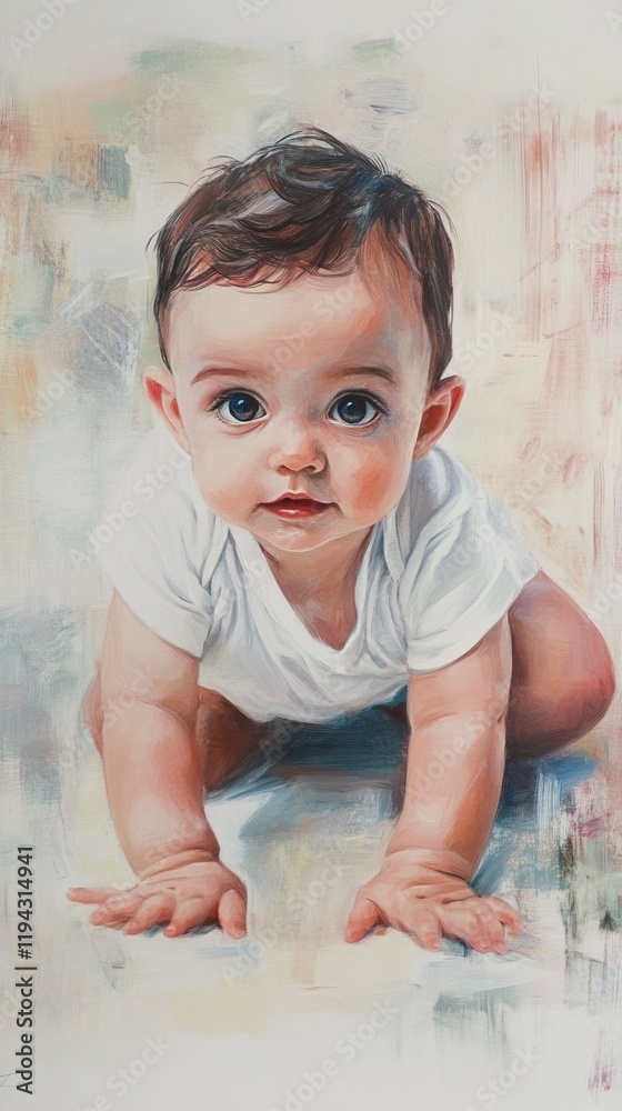 Fototapeta premium Adorable Baby Crawling Portrait: A Precious Moment Captured in Art