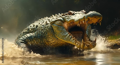 A massive, roaring crocodile emerges from the water, showcasing its powerful jaws and scales.
