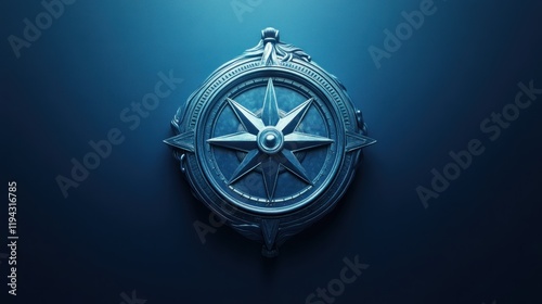 Ornate silver compass rose on dark blue background.