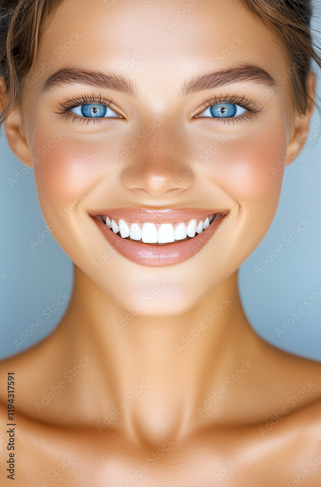 A woman with a bright smile and blue eyes A woman with a bright smile and blue eyes