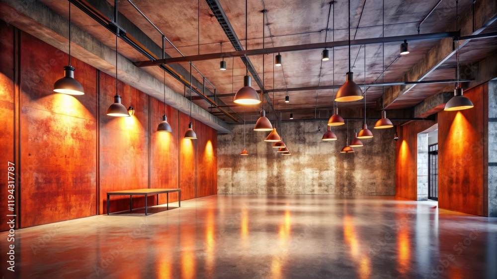 Naklejka premium Industrial Loft Interior Design Warm Lighting and Polished Concrete Floor with Rusty Metal Wall